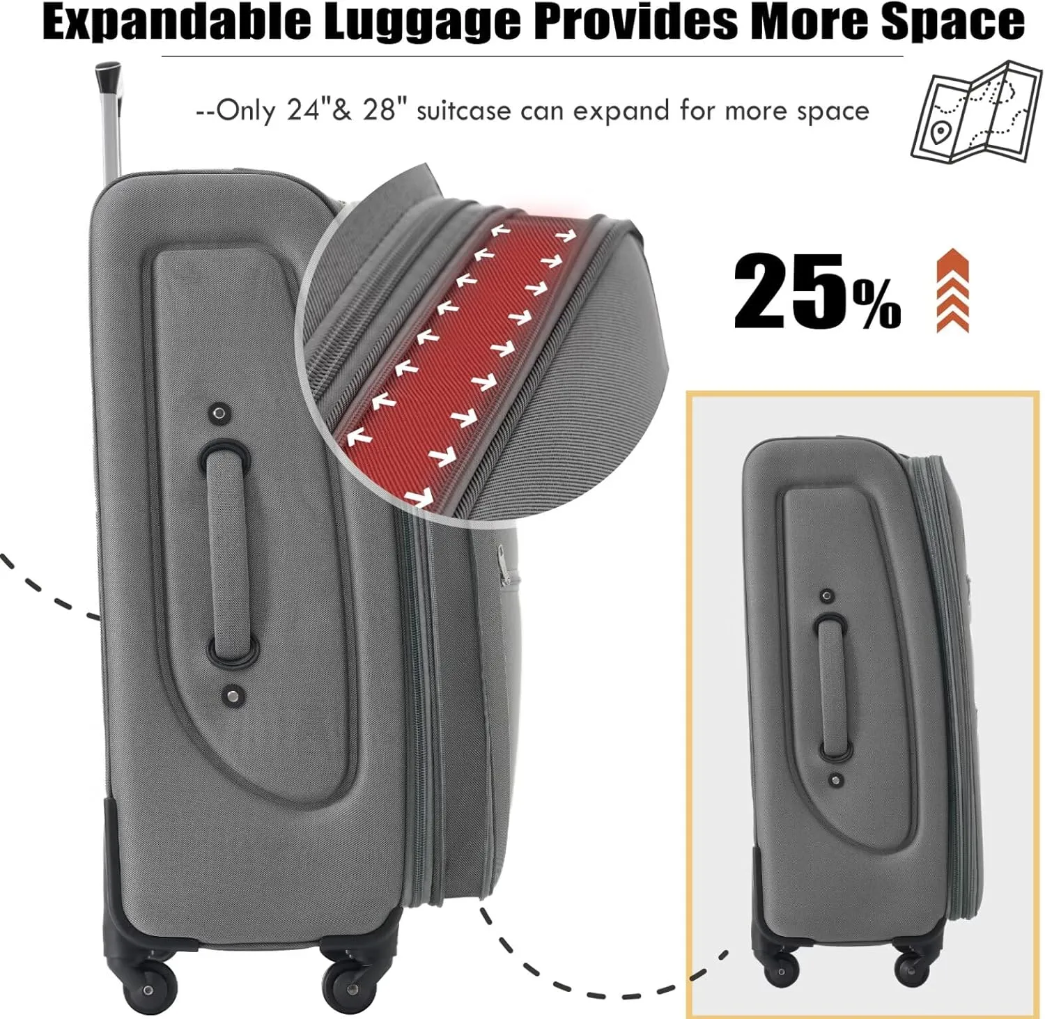 Grey Luggage Sets 5 Piece Suitcases with Wheels, Travel Suitcase Set Lightweight ABS Soft Case Luggage with TSA Lock Spinner Wheels Durable Luggage (Grey, 20" 24" 28")
