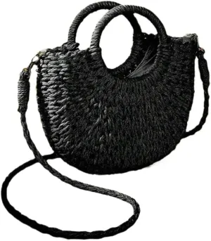 Half-Round Rattan Beach Bag Women Large Capacity Handle Bag Summer Beach Bags Travel Weave Handle Bag Shoulder Bag(Black)