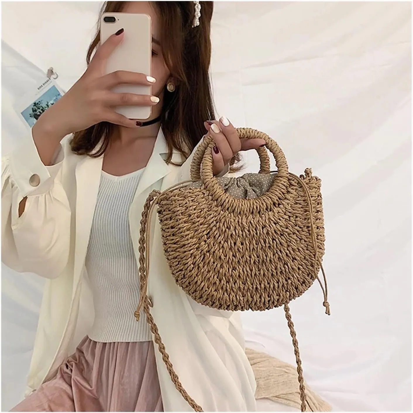 Half-Round Rattan Beach Bag Women Large Capacity Handle Bag Summer Beach Bags Travel Weave Handle Bag Shoulder Bag(Taro)