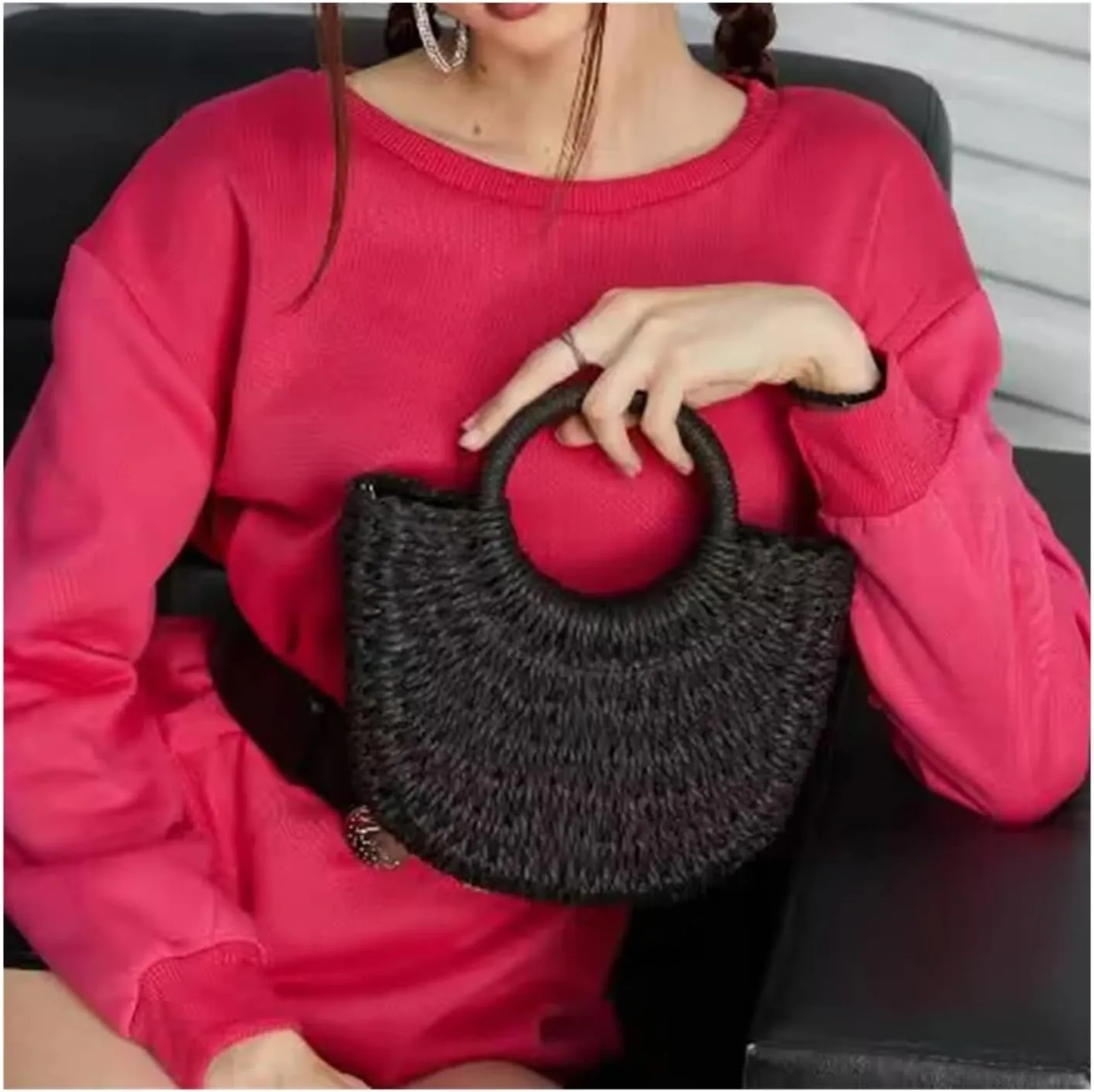 Half-Round Rattan Beach Bag Women Large Capacity Handle Bag Summer Beach Bags Travel Weave Handle Bag Shoulder Bag(Taro)
