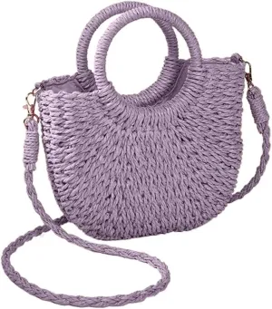 Half-Round Rattan Beach Bag Women Large Capacity Handle Bag Summer Beach Bags Travel Weave Handle Bag Shoulder Bag(Taro)