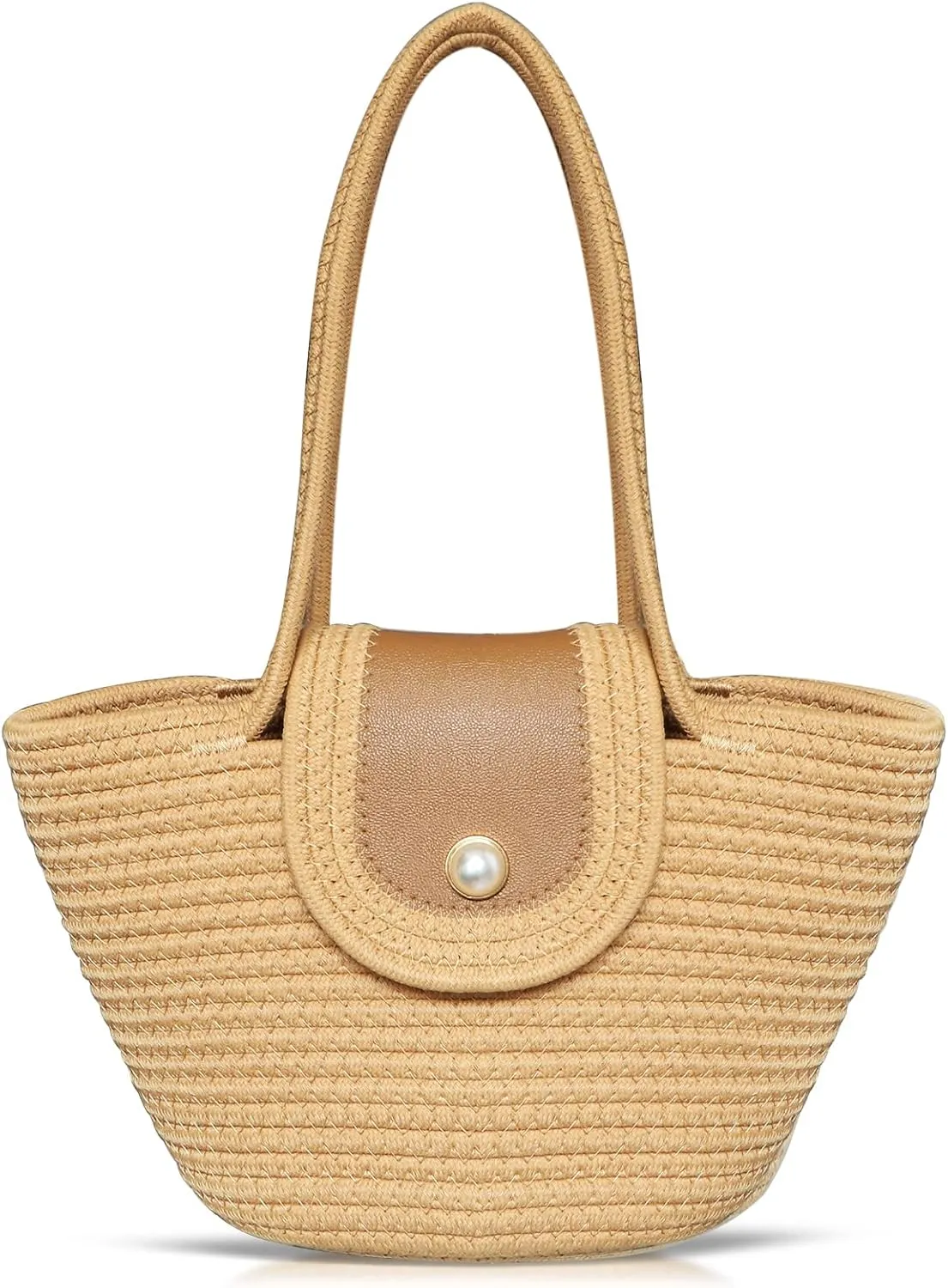 Hand-woven Tote Bag, Beach Bag for Women, Knitted Cotton Thread Handbags, Rattan Bag for Beach Vacation(Khaki)