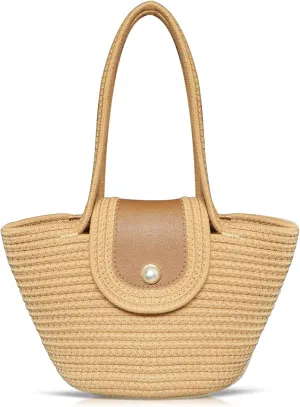 Hand-woven Tote Bag, Beach Bag for Women, Knitted Cotton Thread Handbags, Rattan Bag for Beach Vacation(Khaki)
