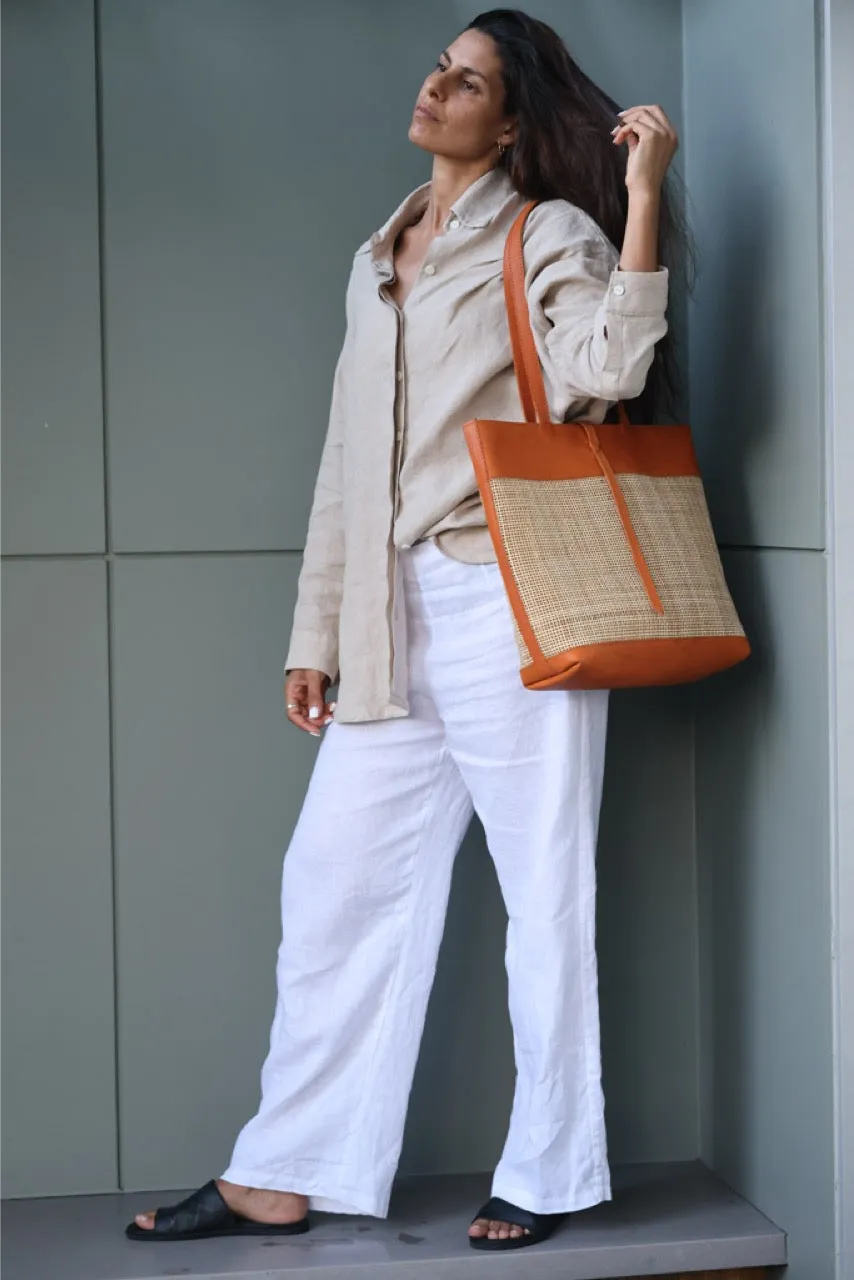 Handmade Rattan Tote Bag | Tan Leather & Natural Rattan | Venice