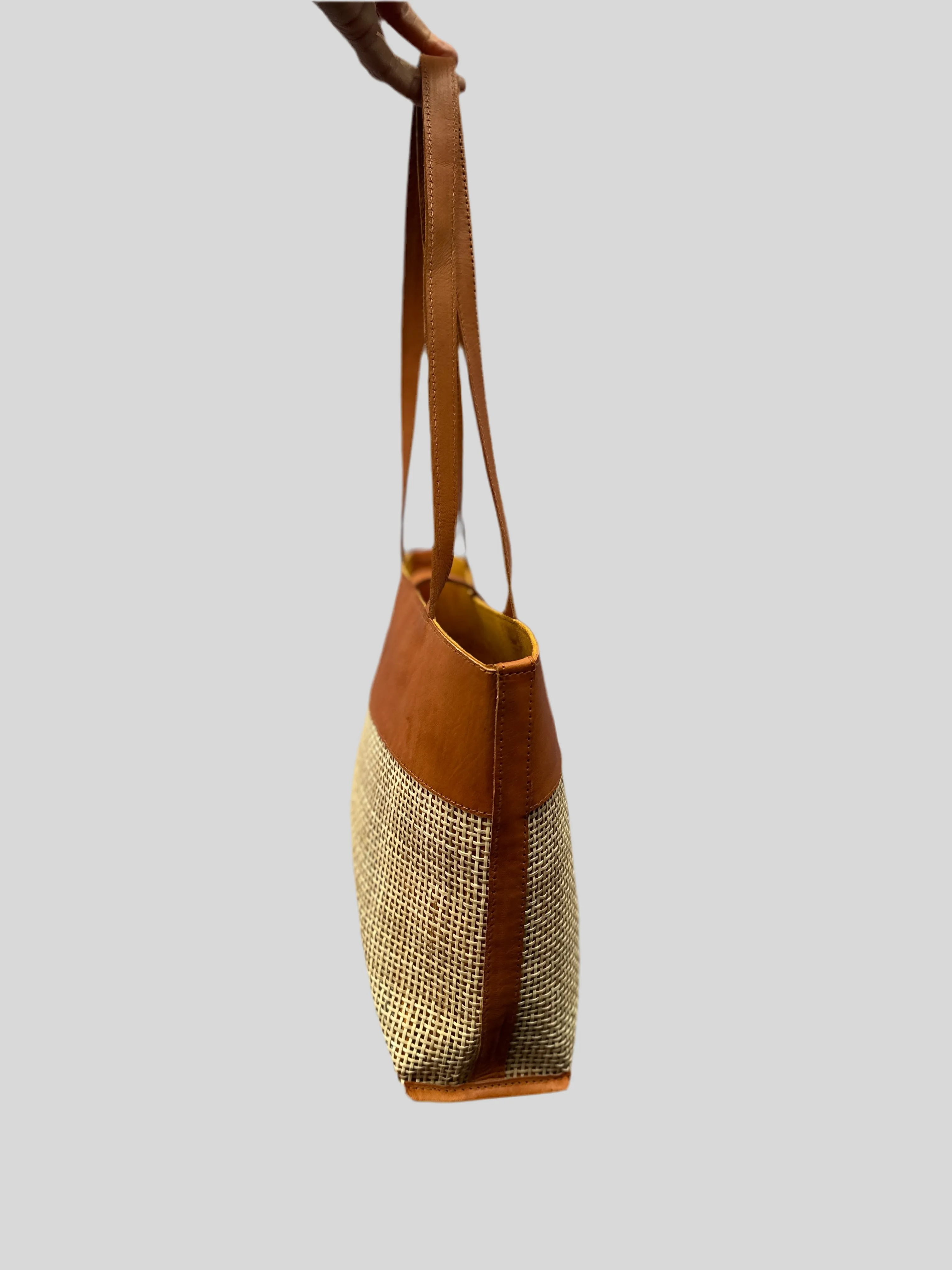 Handmade Rattan Tote Bag | Tan Leather & Natural Rattan | Venice