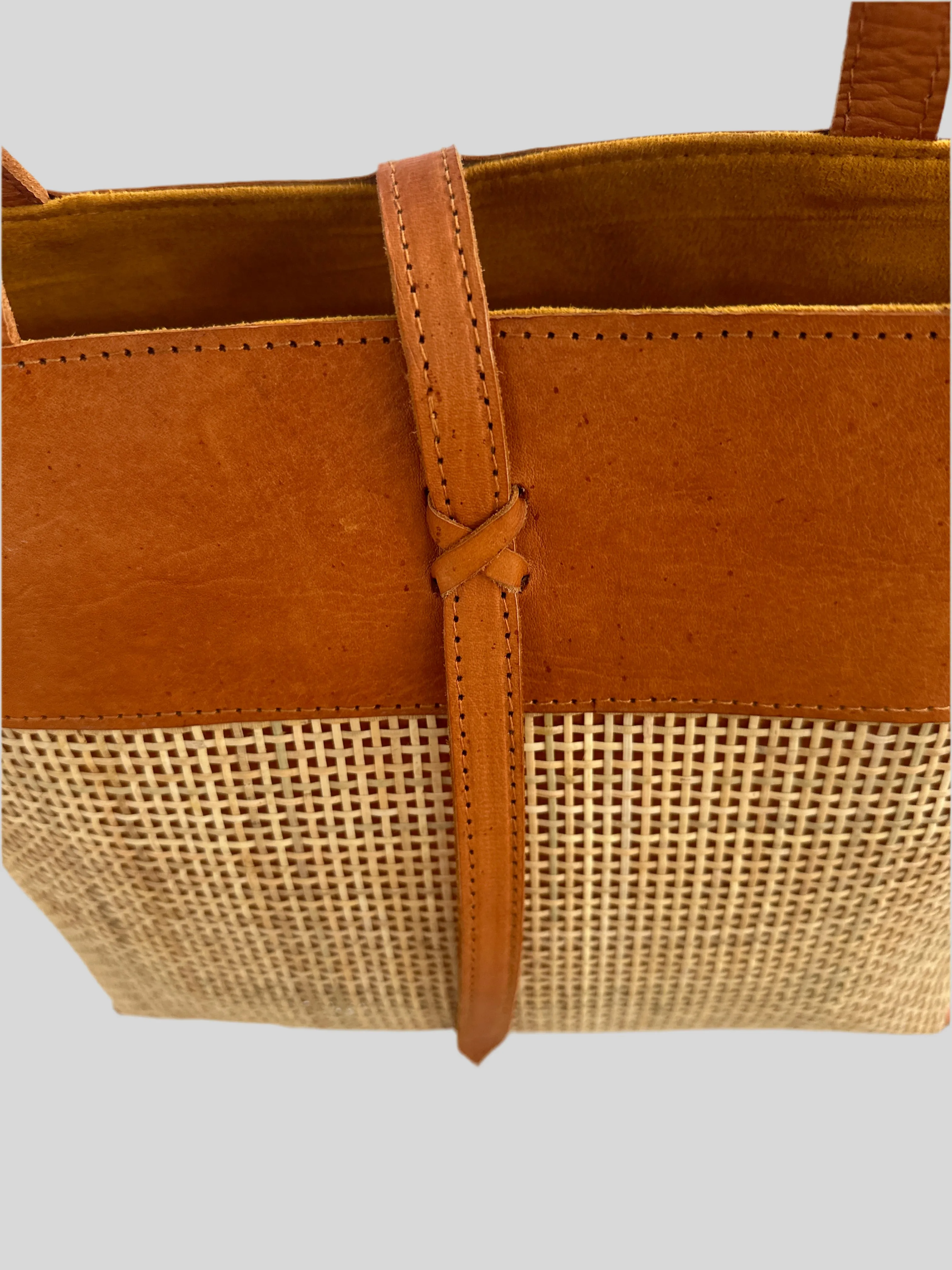 Handmade Rattan Tote Bag | Tan Leather & Natural Rattan | Venice