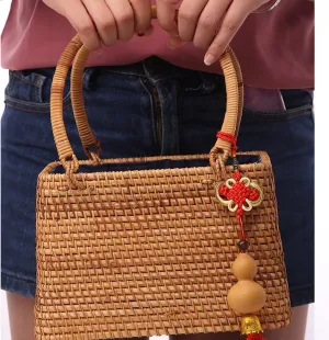 Handmade Rattan Woven Handbag with Gourd & Tassel Accessory, Gift for Mom, Daughter, Girl Friend, Wife, Women Beach Purse (Size : 24x14x15cm/9.4x5.5x5.9in)