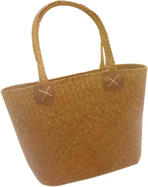 Handmade Straw Woven Basket Handbag Tote Bag Floral Pattern for Home Decor Yellow a Style Sturdy and Odorless
