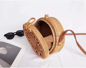 Handwoven Handmade Round Rattan Natural Crossbody Bag Chic Hand Bag Shoulder Leather Straps
