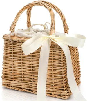 Handwoven Rattan Handbag, Wicker Rectangle Basket Purse with White Ribbon, Summer Beach Top Handle Clutch, Boho Style Woven Purse, Rustic Flower Basket for Women, Travel, Vacation, Wedding