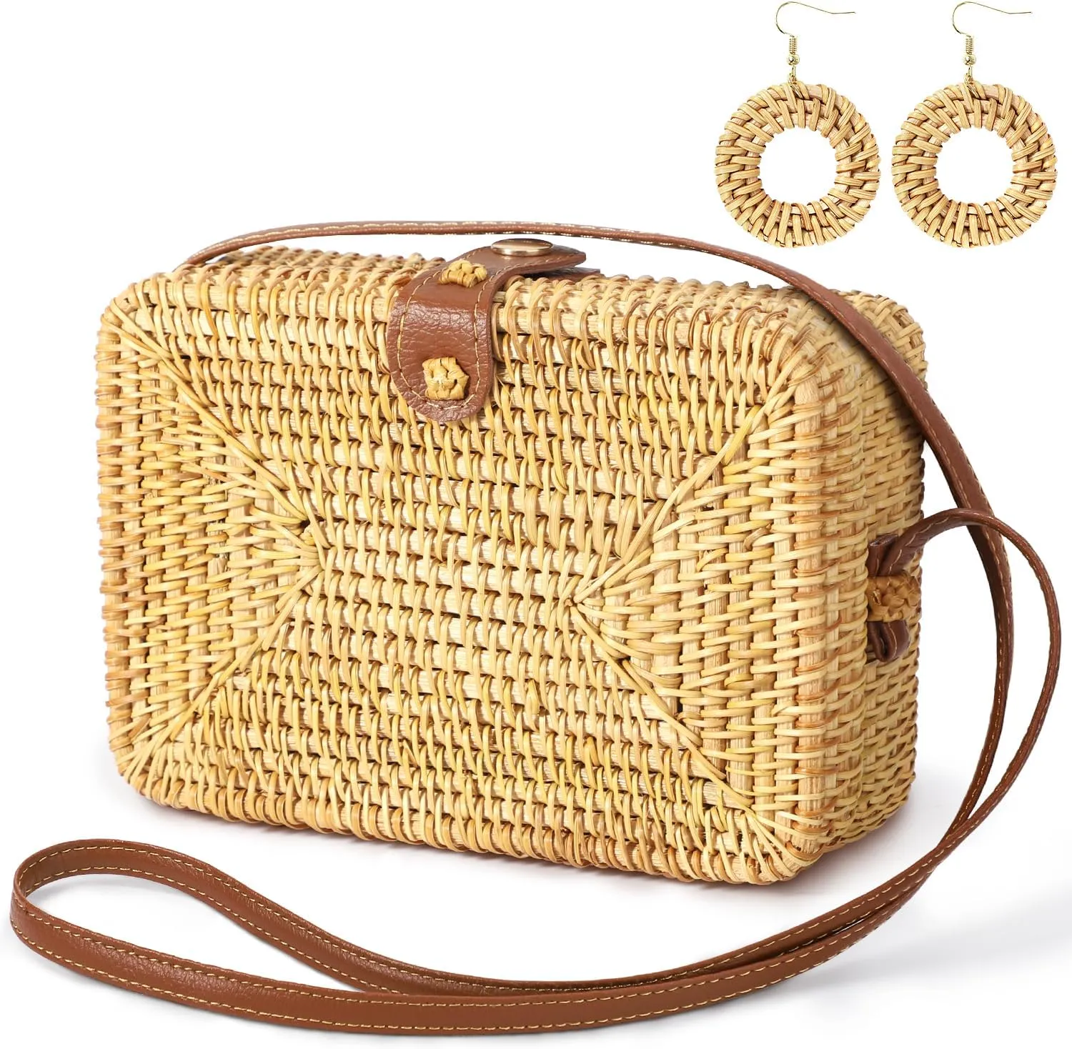 Handwoven Rattan Purses for Women Summer Beach Woven Crossbody Straw Purses with 1 Pair Rattan Earrings