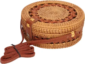Handwoven Round Rattan Bag, Rattan Shoulder Bag Round Purse Woven Handbags f