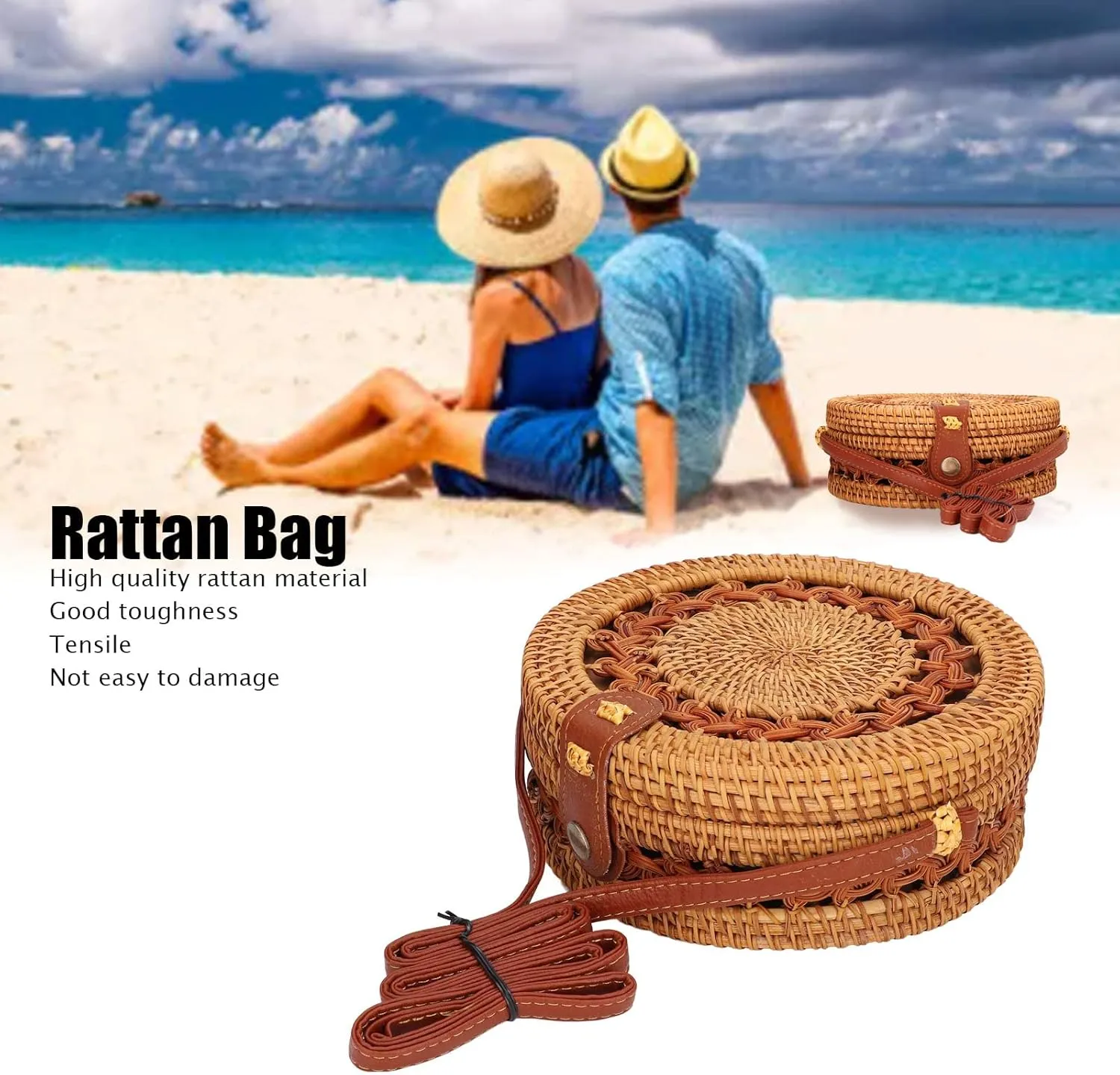 Handwoven Round Rattan Bag, Rattan Shoulder Bag Round Purse Woven Handbags f