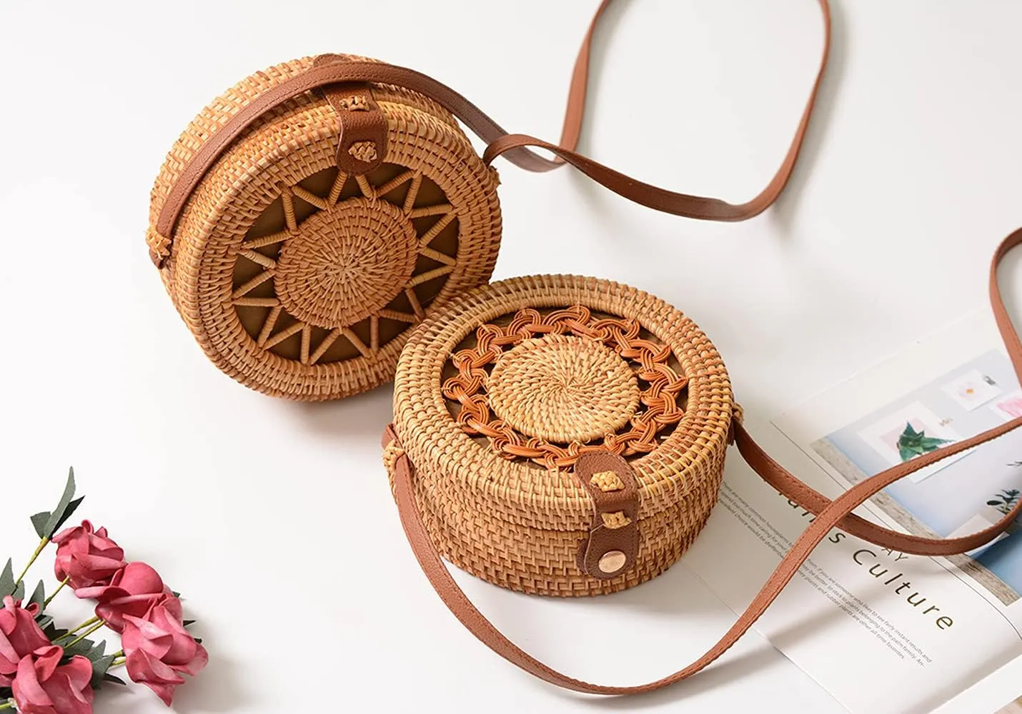 Handwoven Round Rattan Bag Shoulders Natural Chic Hand Tropical Beach Style Woven with Leather Strap
