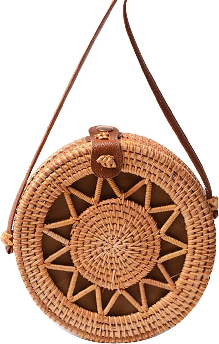 Handwoven Round Rattan Bag Shoulders Natural Chic Hand Tropical Beach Style Woven with Leather Strap