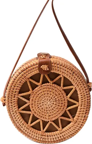 Handwoven Round Rattan Bag Shoulders Natural Chic Hand Tropical Beach Style Woven with Leather Strap