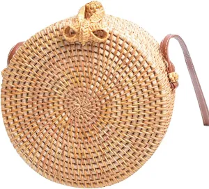 Handwoven Round Rattan Bag Shoulders Natural Chic Hand Tropical Beach Style Woven with Leather Strap