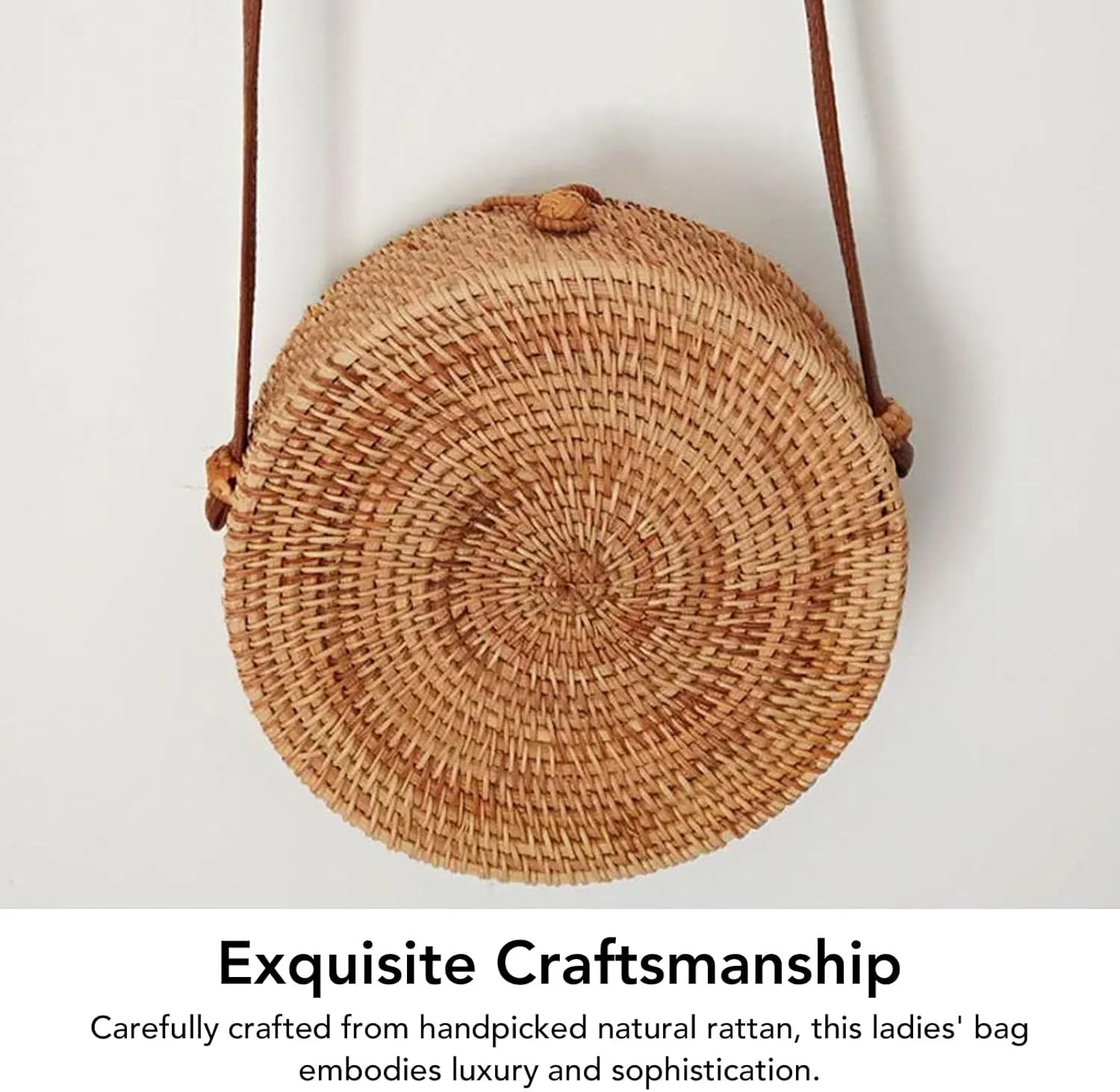 Handwoven Round Rattan Bag,Tropical Beach Woven Shoulder Rattan Bag Woven Shoulder Bag with Leather Strap