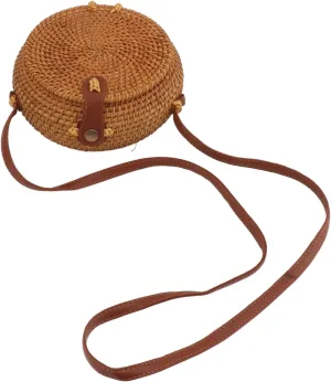 Handwoven Round Rattan Bag,Tropical Beach Woven Shoulder Rattan Bag Woven Shoulder Bag with Leather Strap