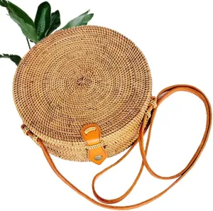 Handwoven Round Rattan Straw Bag for Women Shoulder Leather Button Straps Natural Chic Handmade Boho Bag Bali Purse