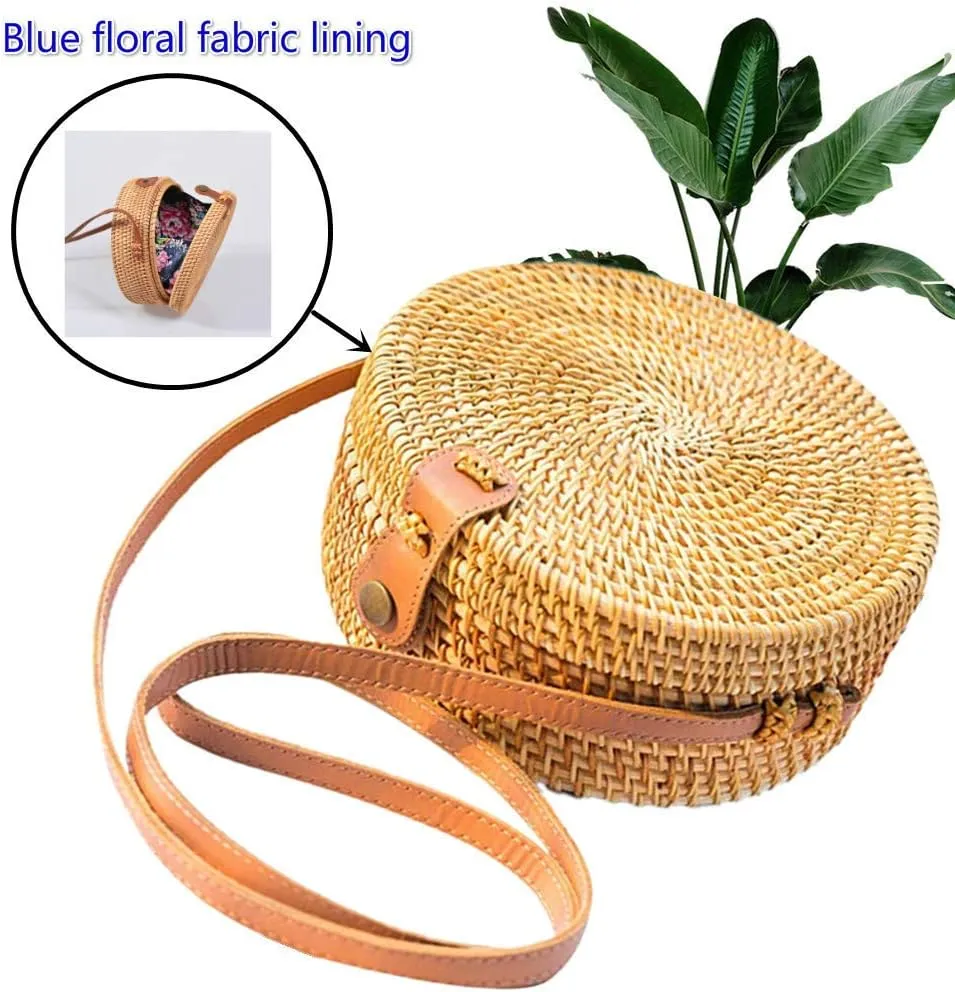 Handwoven Round Rattan Straw Bag for Women Shoulder Leather Button Straps Natural Chic Handmade Boho Bag Bali Purse