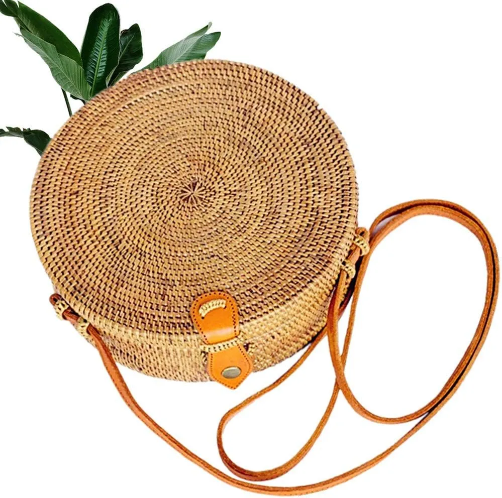 Handwoven Round Rattan Straw Bag for Women Shoulder Leather Button Straps Natural Chic Handmade Boho Bag Bali Purse