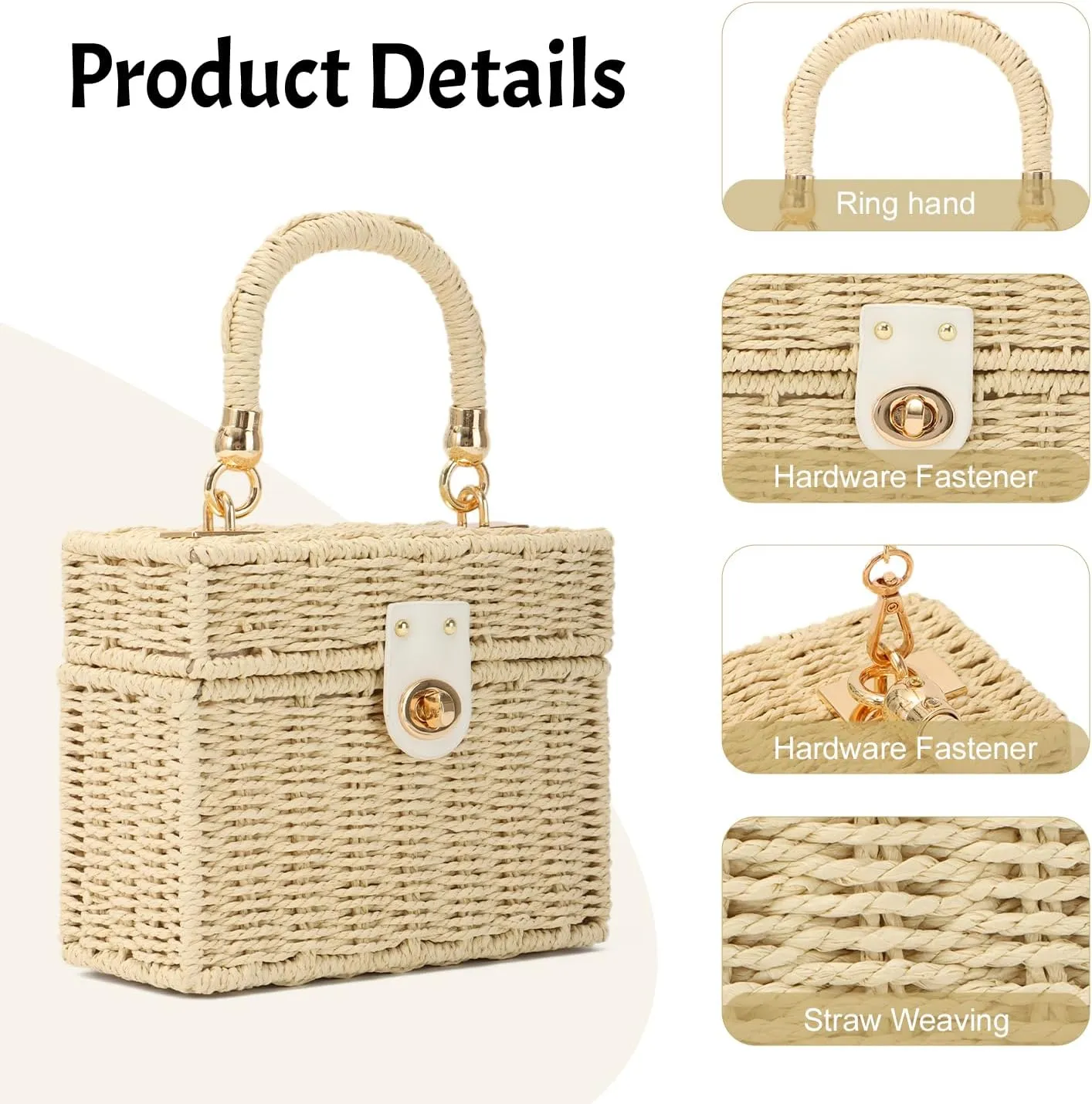 Handwoven Straw Basket Bag for Women Small Rattan Square Tote Wicker Straw Crossbody Bag