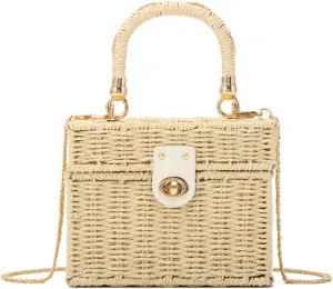 Handwoven Straw Basket Bag for Women Small Rattan Square Tote Wicker Straw Crossbody Bag
