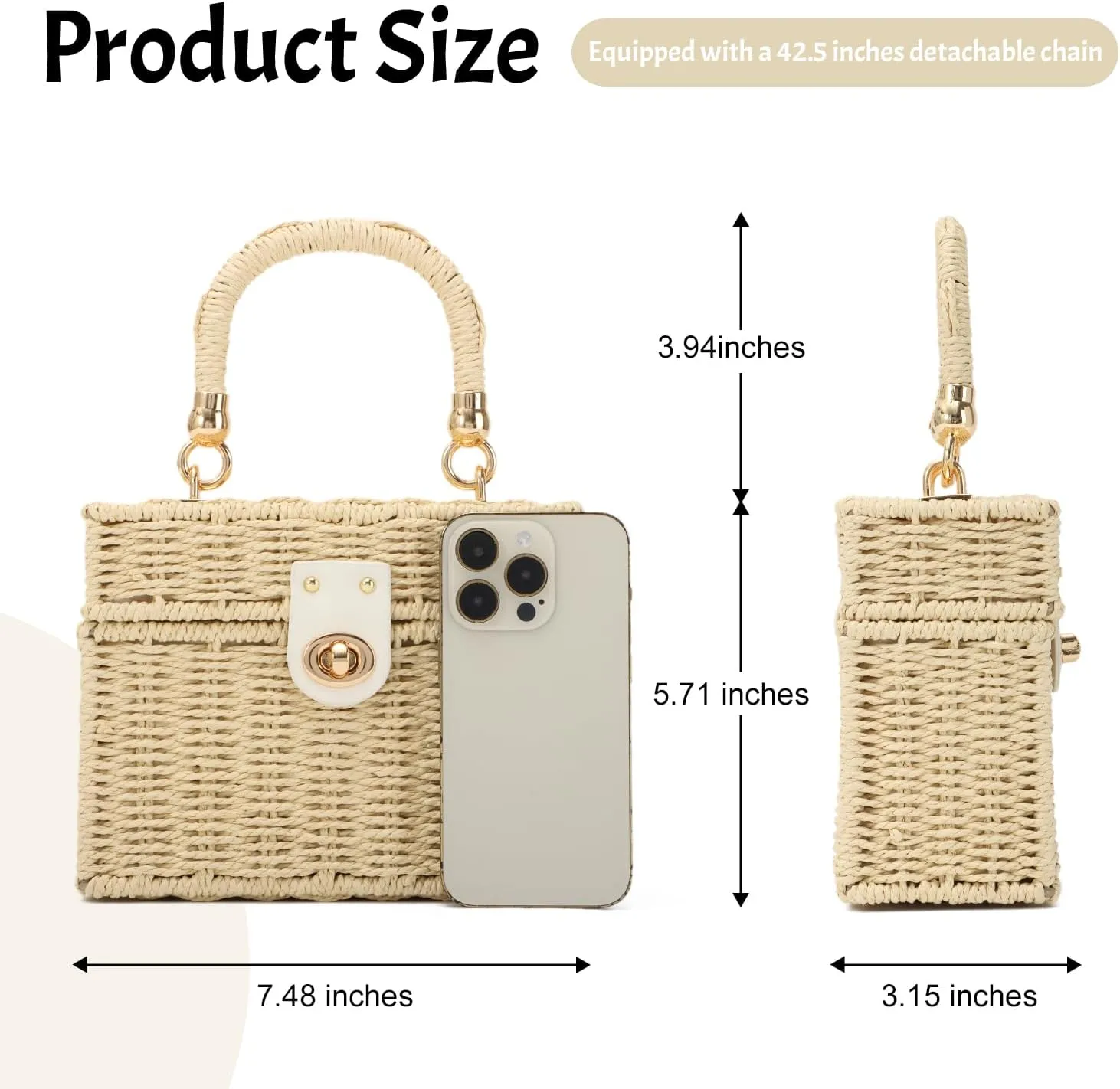 Handwoven Straw Basket Bag for Women Small Rattan Square Tote Wicker Straw Crossbody Bag
