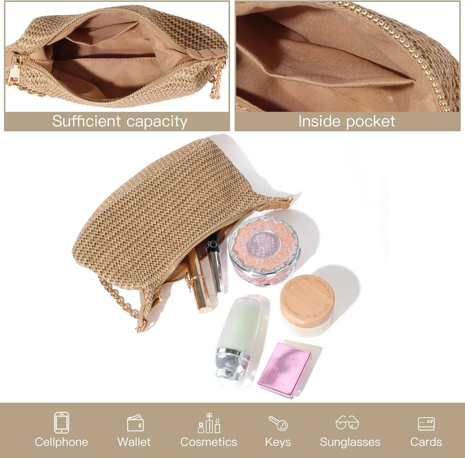 Handwoven Straw Beach Bag for Women - Lightweight Summer Tote Shoulder Purse for Vacation & Travel