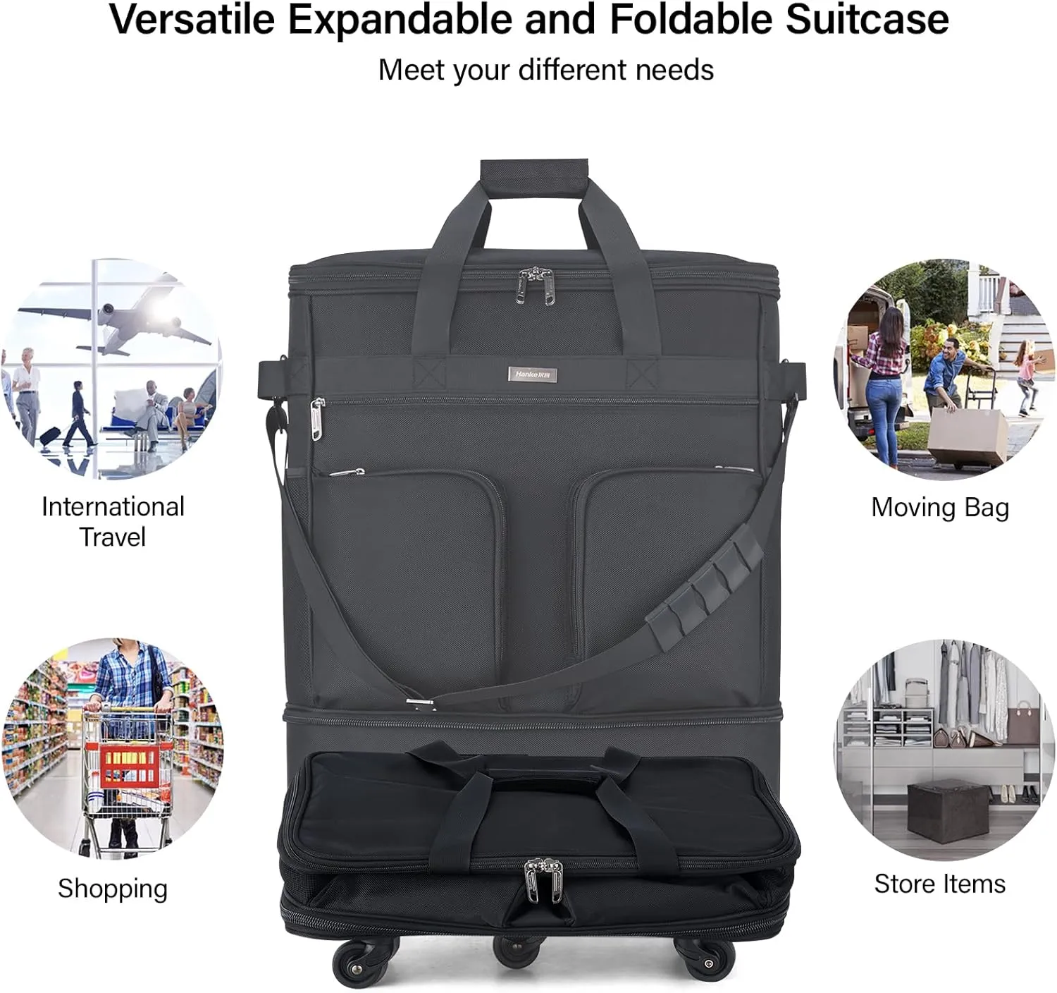 Hanke Expandable Collapsible Luggage with Wheels Suitcase Luggage Rolling Travel Bag Duffel Garment Tote Bag for Men Women Lightweight Suitcase Large Capacity Luggage with Spinner Wheel (Black)
