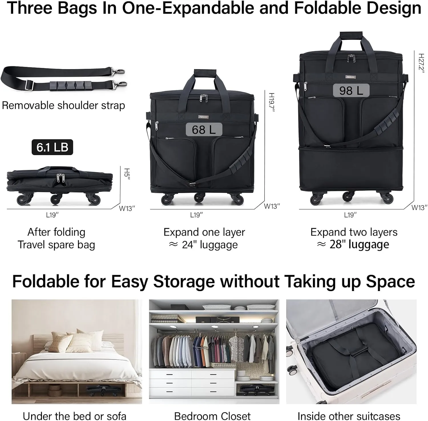 Hanke Expandable Collapsible Luggage with Wheels Suitcase Luggage Rolling Travel Bag Duffel Garment Tote Bag for Men Women Lightweight Suitcase Large Capacity Luggage with Spinner Wheel (Black)