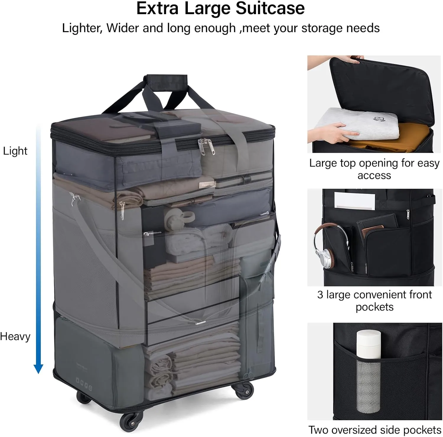 Hanke Expandable Collapsible Luggage with Wheels Suitcase Luggage Rolling Travel Bag Duffel Garment Tote Bag for Men Women Lightweight Suitcase Large Capacity Luggage with Spinner Wheel (Black)