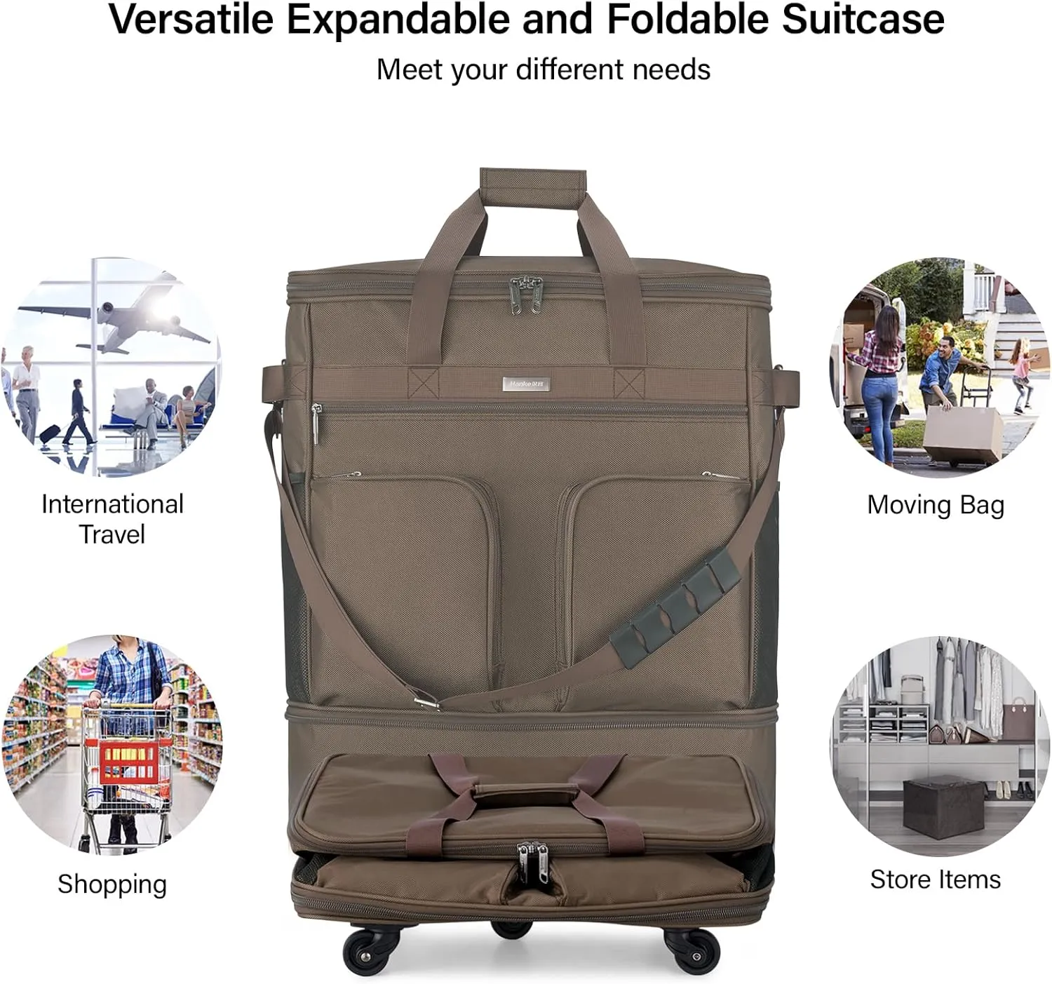 Hanke Expandable Collapsible Luggage with Wheels Suitcase Luggage Rolling Travel Bag Duffel Garment Tote Bag for Men Women Lightweight Suitcase Large Capacity Luggage with Spinner Wheel (Coffee)