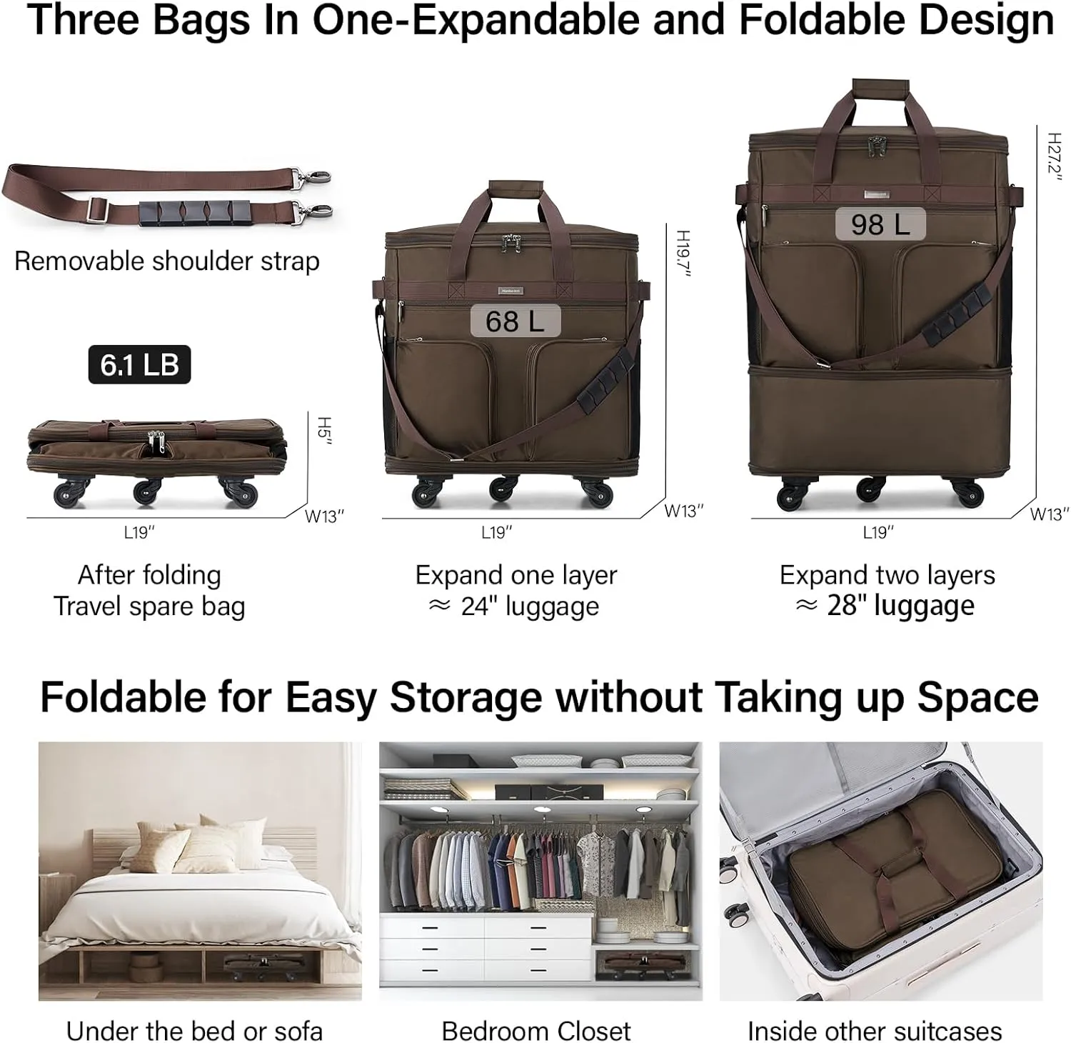 Hanke Expandable Collapsible Luggage with Wheels Suitcase Luggage Rolling Travel Bag Duffel Garment Tote Bag for Men Women Lightweight Suitcase Large Capacity Luggage with Spinner Wheel (Coffee)