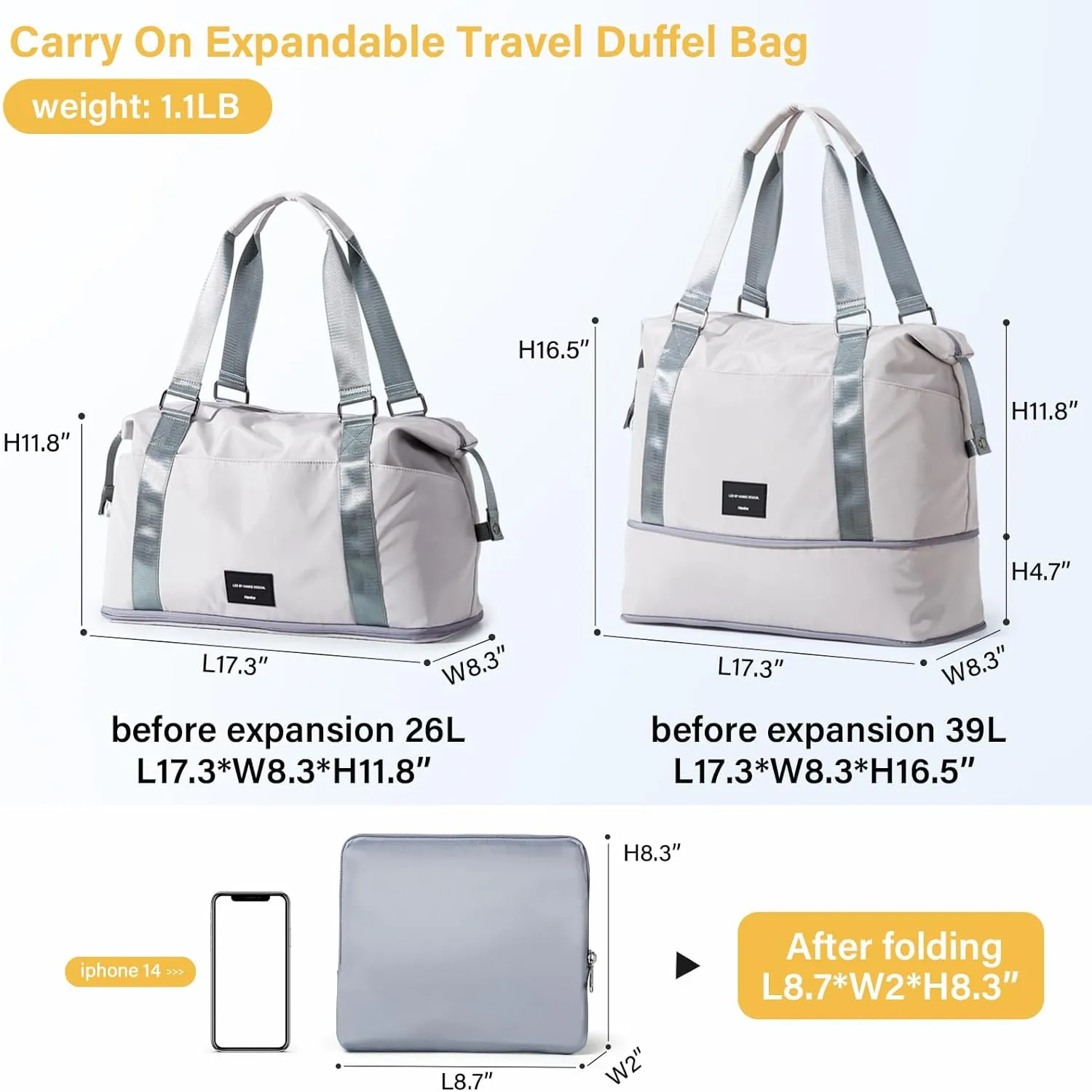 Hanke Expandable Tote Duffle Carry On Weekend Foldable Travel Sports Gym Garment Bag (Dune Grey)