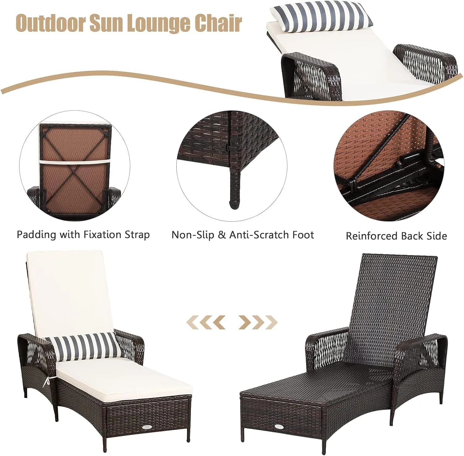 HAPPYGRILL PE Rattan Lounge Chair Outdoor Recliner Patio Chaise Lounger with Extra Waist Pillow, Reclining Chair with 6 Adjustable Gears for Outdoor Beach Pool Backyard