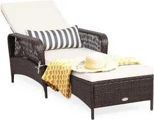 HAPPYGRILL PE Rattan Lounge Chair Outdoor Recliner Patio Chaise Lounger with Extra Waist Pillow, Reclining Chair with 6 Adjustable Gears for Outdoor Beach Pool Backyard