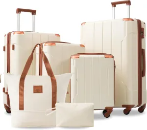 Hardshell Luggage Set with TSA Lock, 6 Piece Expandable Suitcases for Travel, White and Brown