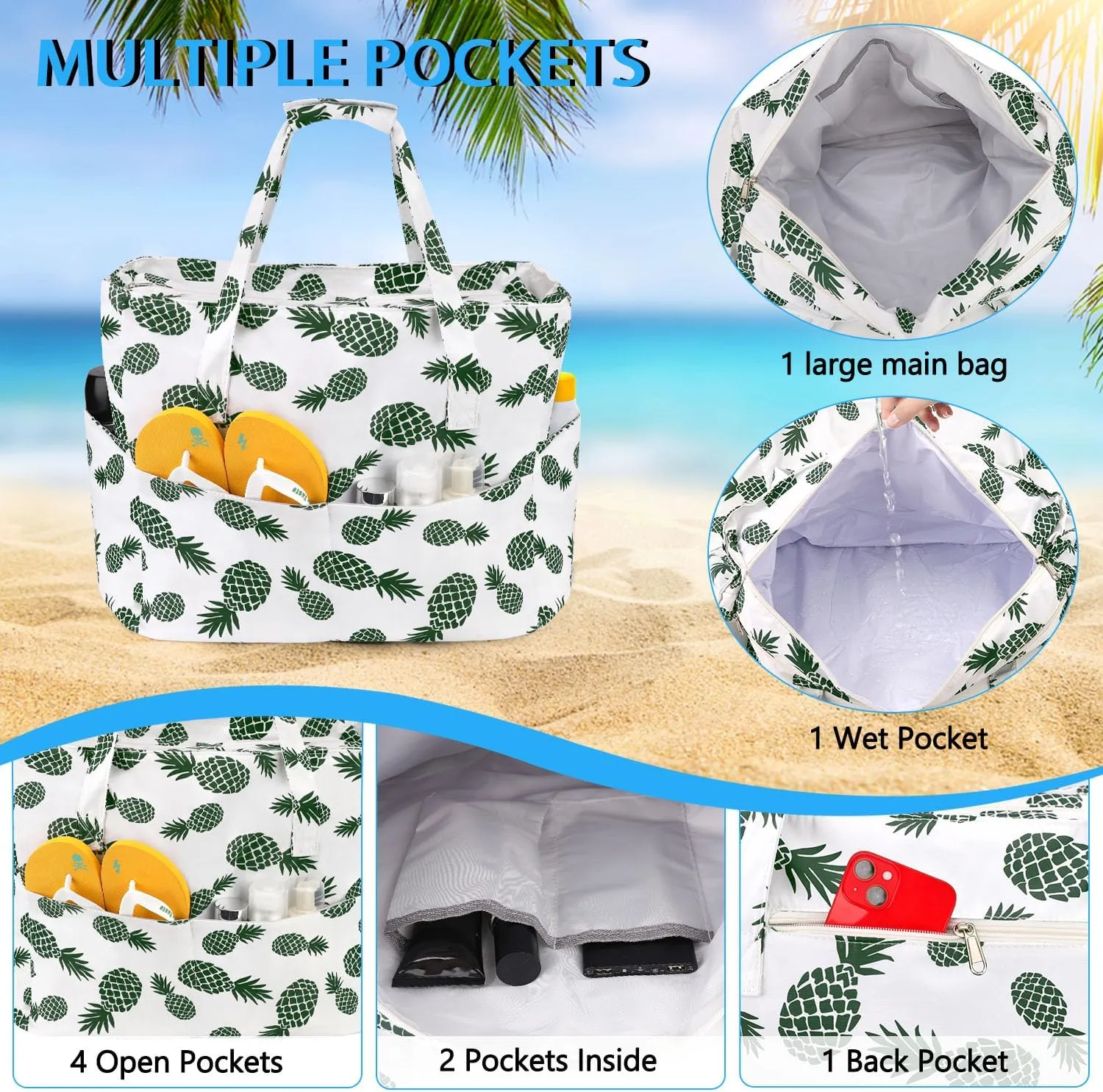 hatisan Beach Bag Waterproof Sandproof for Women Extra Large Beach Tote Bag Pool Bag for Gym Travel with Wet Compartment