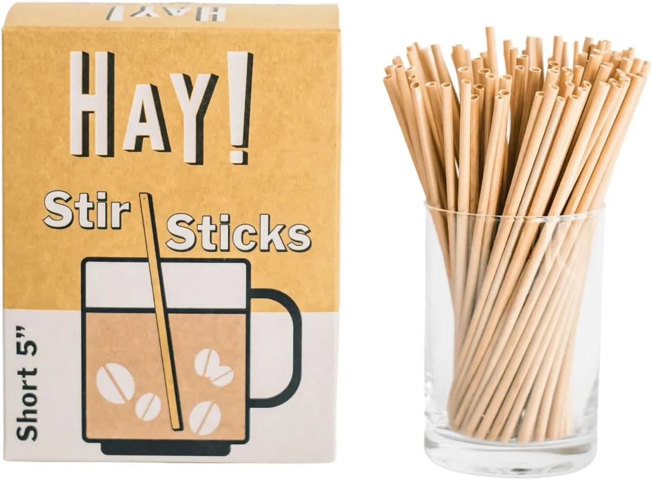 HAY! Stir, Natural coffee stir sticks, fully compostable made from wheat stems, our stir sticks are ideal for hot and cold beverages, 5’' pack of 500