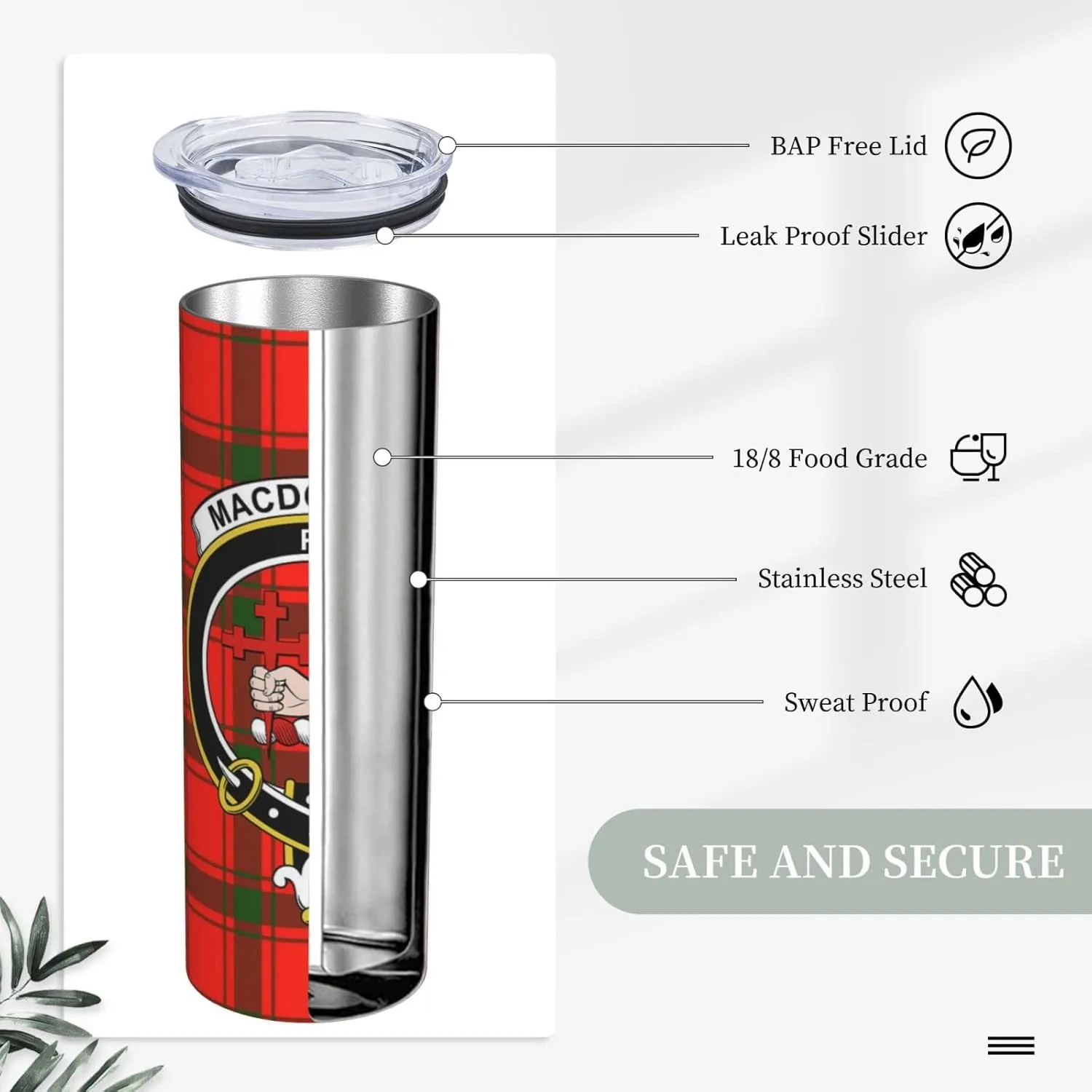 Hei Bai.JZQ Insulated Tumbler with Lids and Straws, MacDonald of Sleat Tartan Clan Badge Stainless Steel Mug Coffee Cup Thermal Travel 20oz