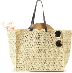 Herald Large Handmade Straw Tote Handbag for Women, Summer Beach Weaving Chic Woven Shoulder Purse Bags for Travel Vacation