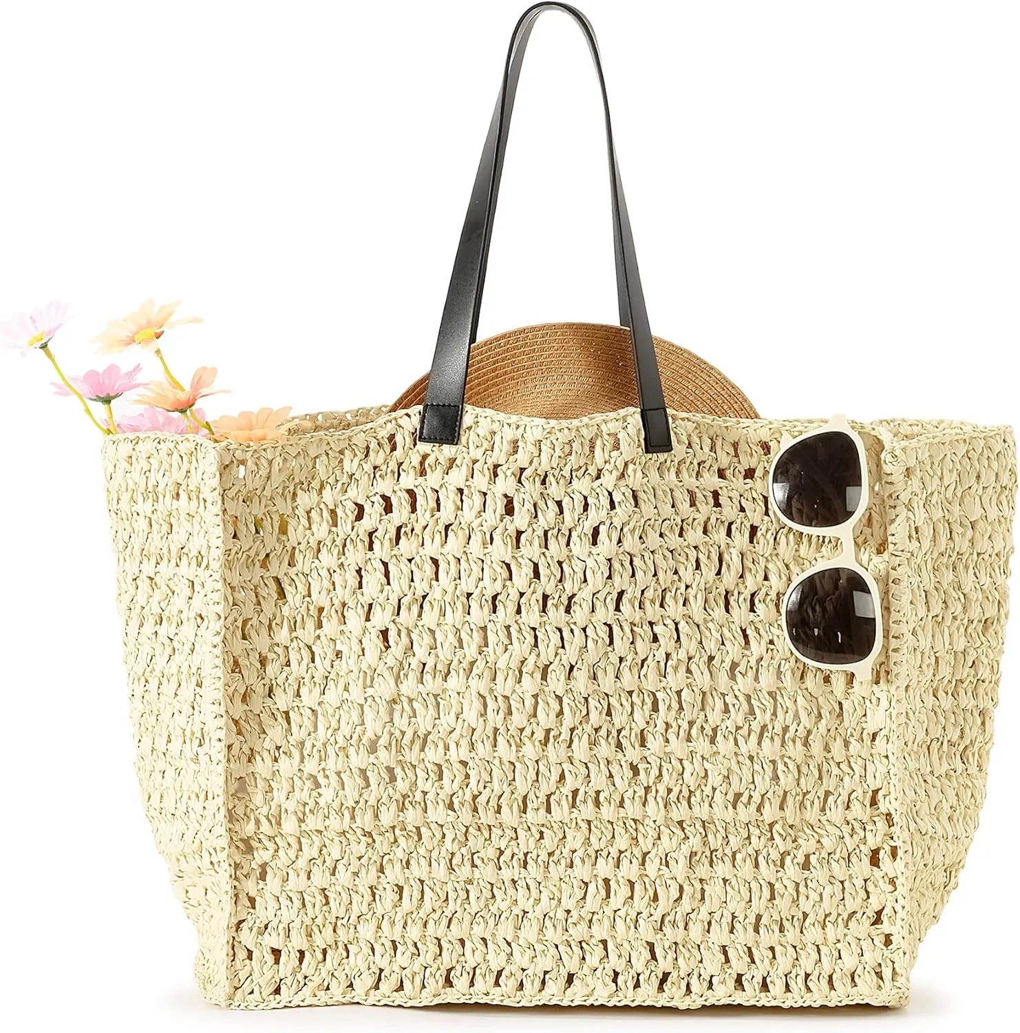 Herald Large Handmade Straw Tote Handbag for Women, Summer Beach Weaving Chic Woven Shoulder Purse Bags for Travel Vacation