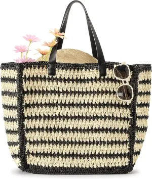 Herald Large Handmade Straw Tote Handbag for Women, Summer Beach Weaving Chic Woven Shoulder Purse Bags for Travel Vacation