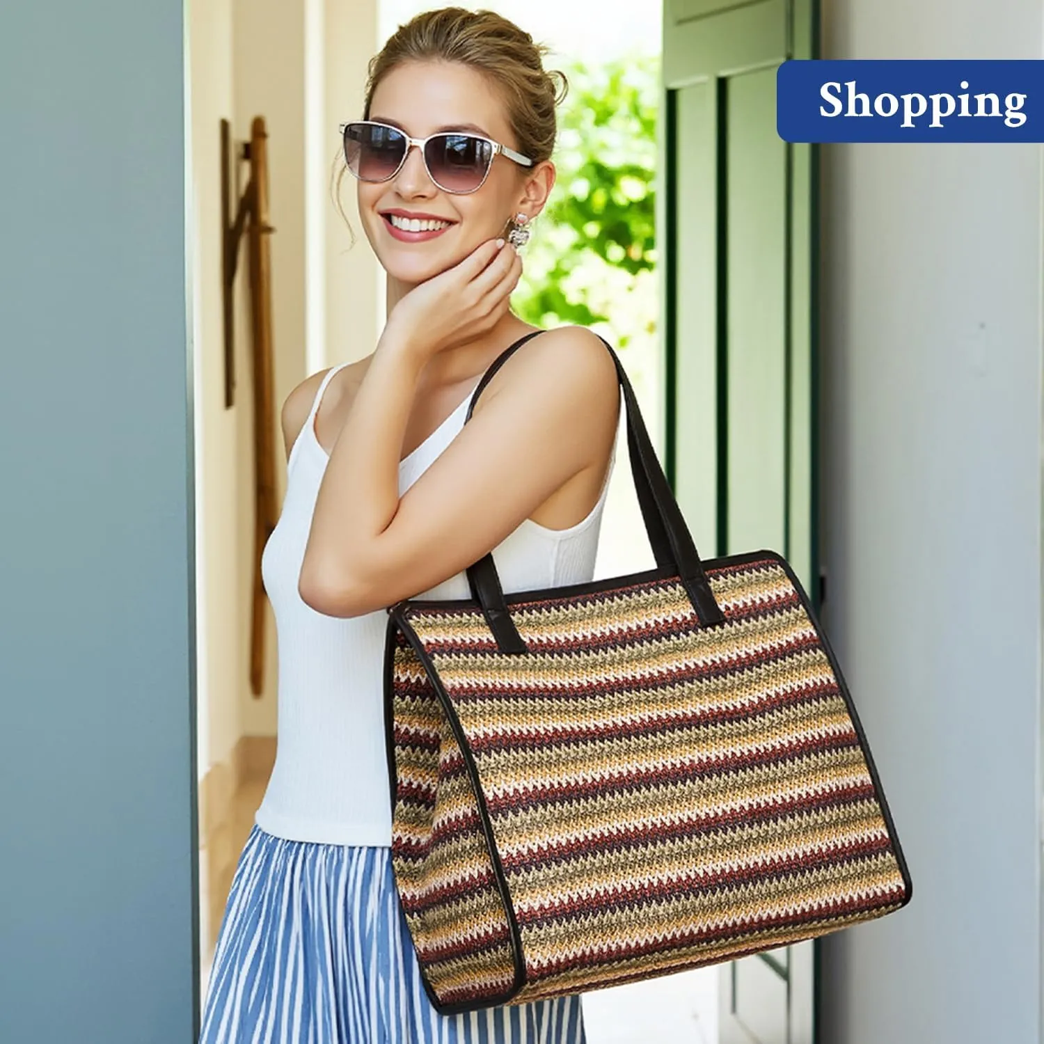 Herald Large Handmade Straw Tote Handbag for Women, Summer Beach Weaving Chic Woven Shoulder Purse Bags for Travel Vacation