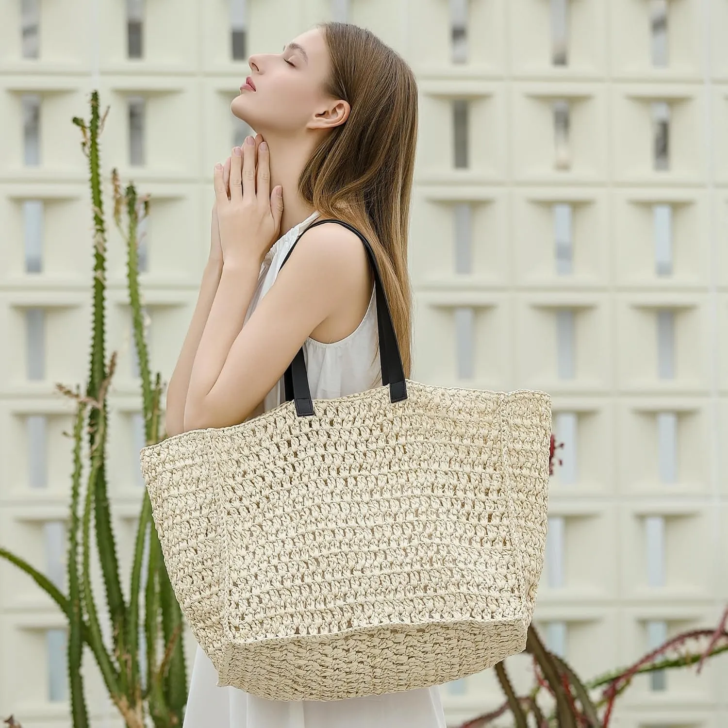 Herald Large Handmade Straw Tote Handbag for Women, Summer Beach Weaving Chic Woven Shoulder Purse Bags for Travel Vacation