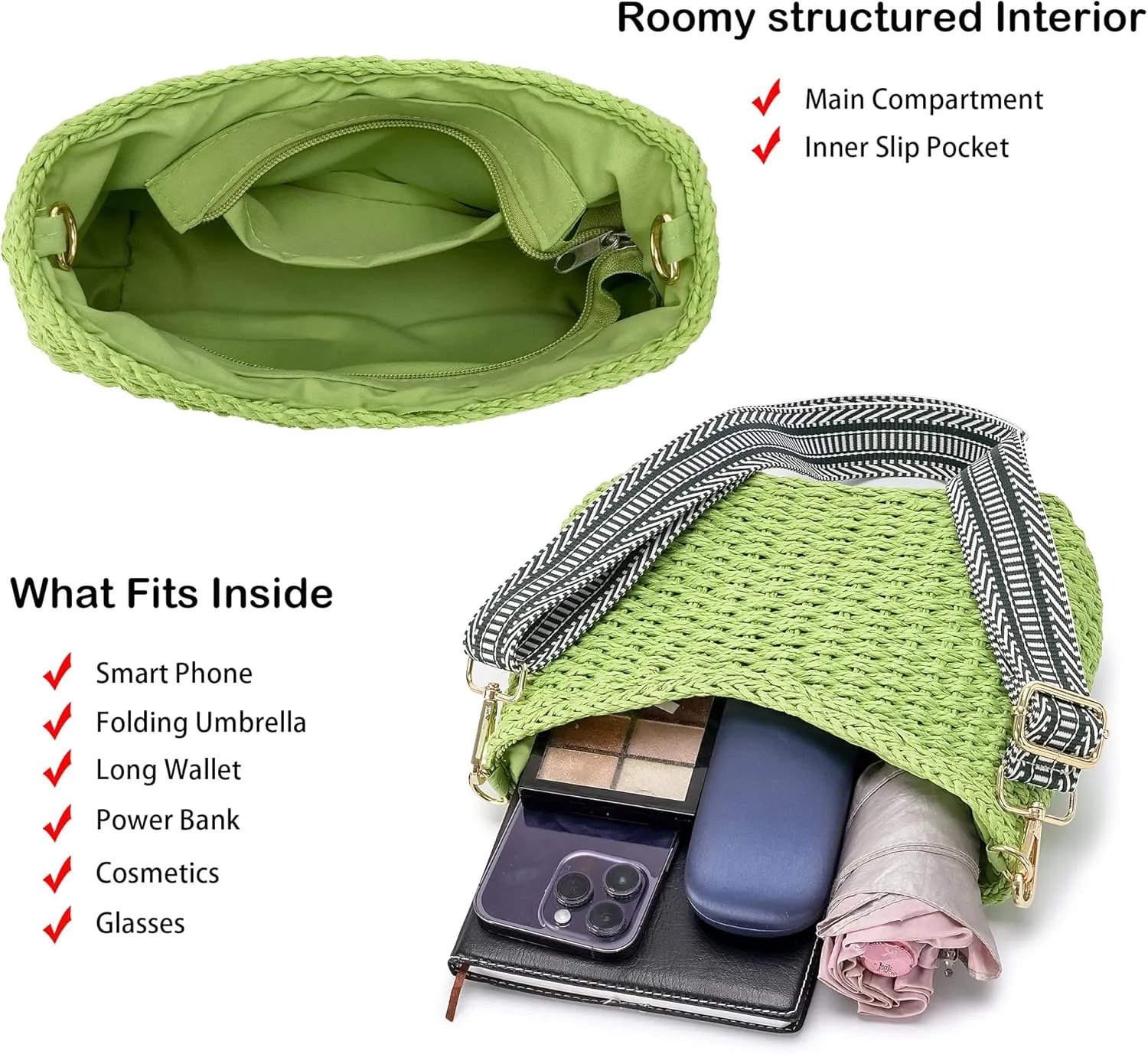 Herald Small Handmade Straw Pocketbook Crossbody Bag for Women, Summer Chic Woven Handbag Shoulder Purse with Chain