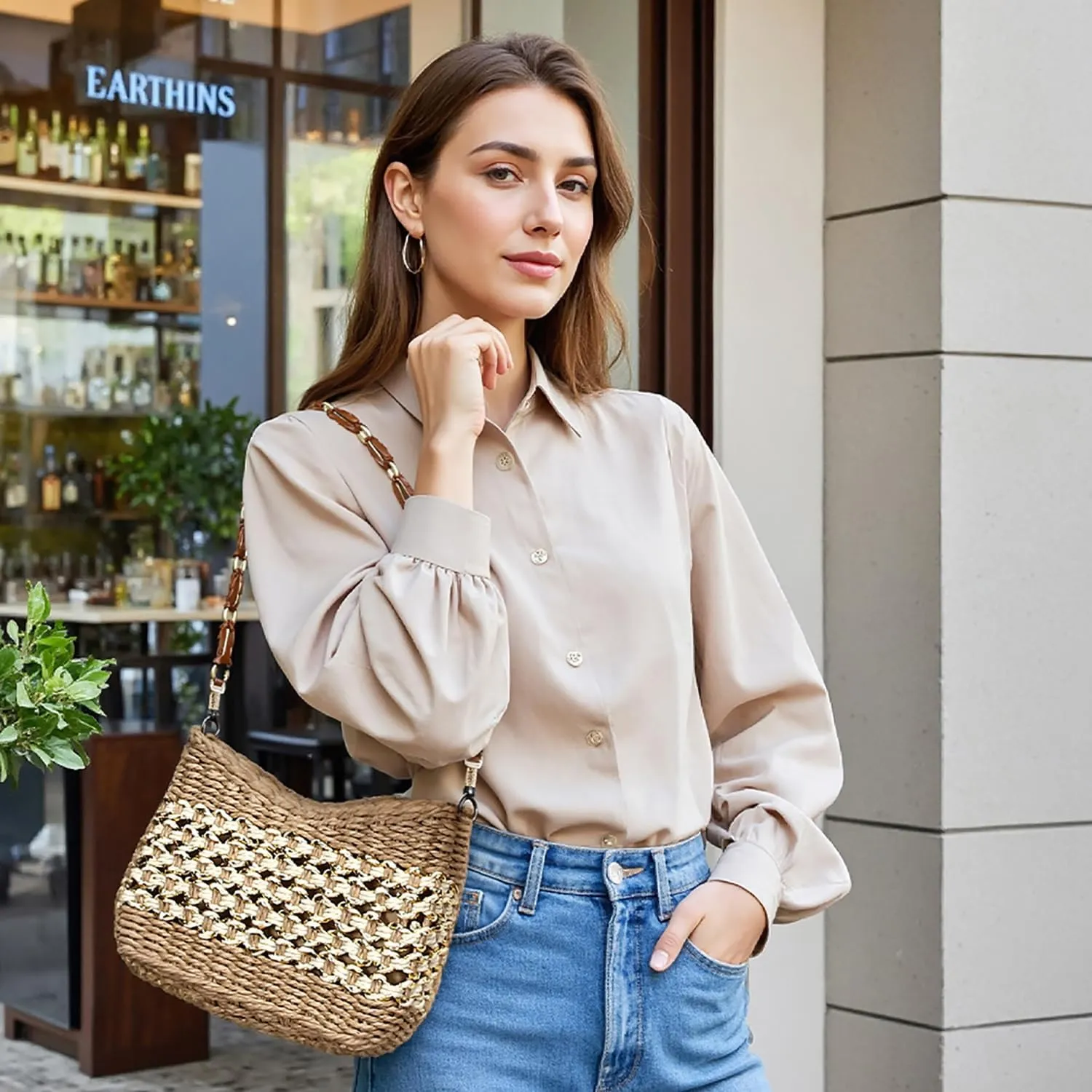 Herald Small Handmade Straw Pocketbook Crossbody Bag for Women, Summer Chic Woven Handbag Shoulder Purse with Chain