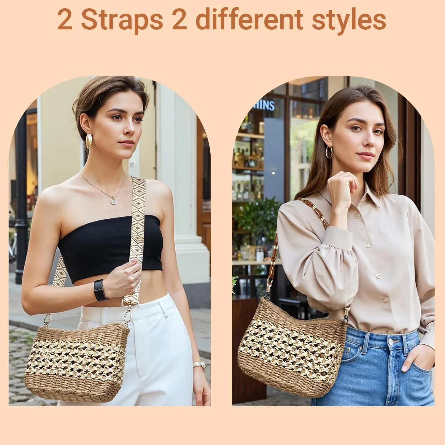 Herald Small Handmade Straw Pocketbook Crossbody Bag for Women, Summer Chic Woven Handbag Shoulder Purse with Chain